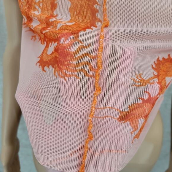 Just Polly Orange Sheer Mesh Dragon Crop Top Tee - Picture 3 of 8